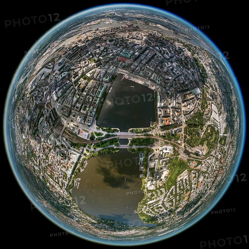 Inner Alster Lake, Außenalster, Kennedybrücke, fisheye lens, fisheye, round picture, Hamburg, Germany, Europe, aerial view, birds-eyes view, aerial photography, aerial photography, overview, bird's eye view