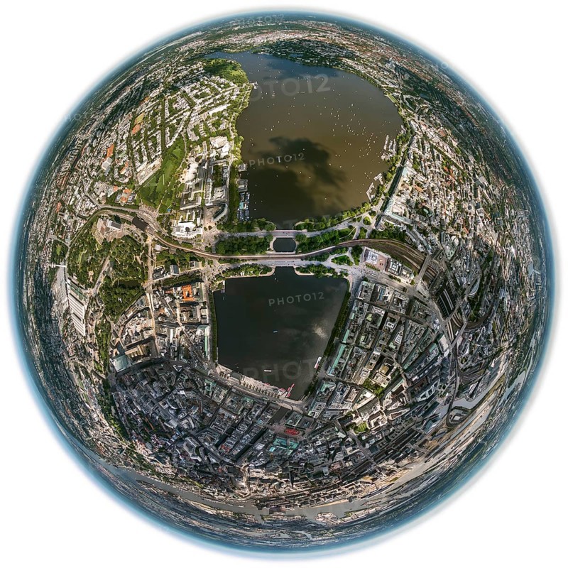 Inner Alster Lake, Außenalster, Kennedybrücke, fisheye lens, fisheye, round picture, Hamburg, Germany, Europe, aerial view, birds-eyes view, aerial photography, aerial photography, overview, bird's eye view