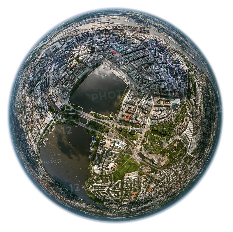 Inner Alster Lake, Außenalster, Kennedybrücke, fisheye lens, fisheye, round picture, Hamburg, Germany, Europe, aerial view, birds-eyes view, aerial photography, aerial photography, overview, bird's eye view