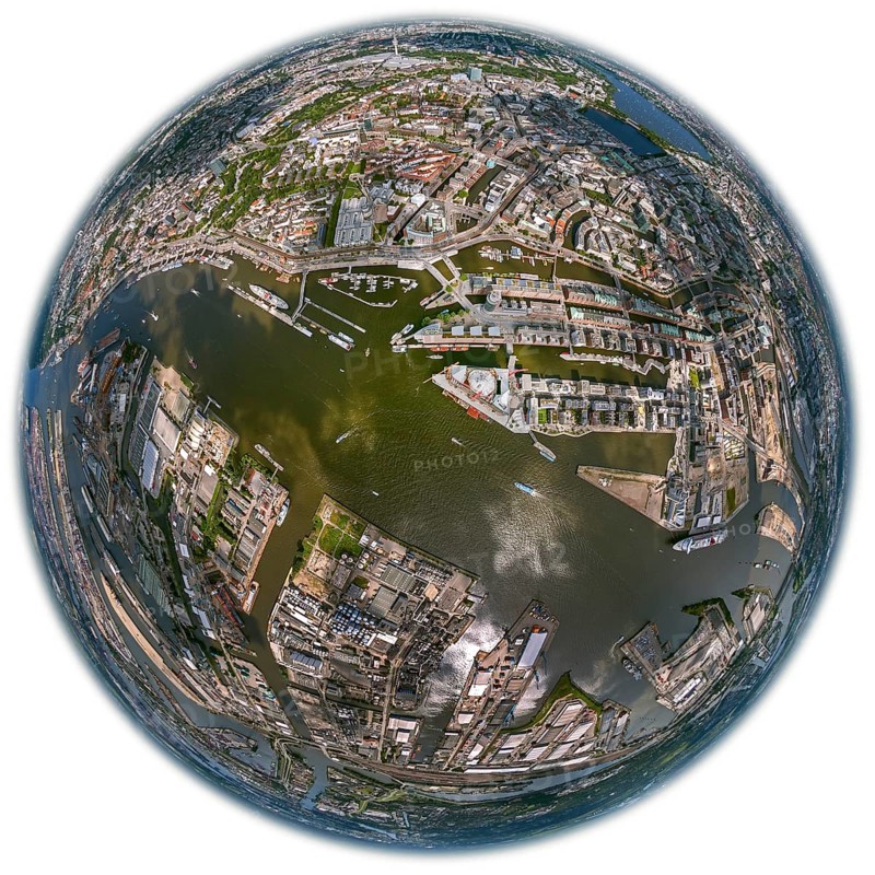 Hamburg harbour, fisheye lens, fisheye, round image, Hamburg, Germany, Europe, aerial view, birds-eyes view, aerial photography, aerial photography, overview, bird's eye view