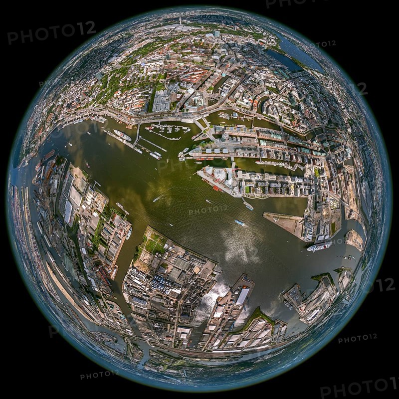 Hamburg harbour, fisheye lens, fisheye, round image, Hamburg, Germany, Europe, aerial view, birds-eyes view, aerial photography, aerial photography, overview, bird's eye view
