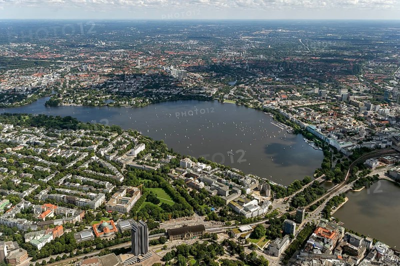 Inner Alster Lake, Außenalster, Kennedybrücke, Hamburg, Germany, Europe, aerial view, birds-eyes view, aerial photography, aerial photography, overview, bird's-eye view