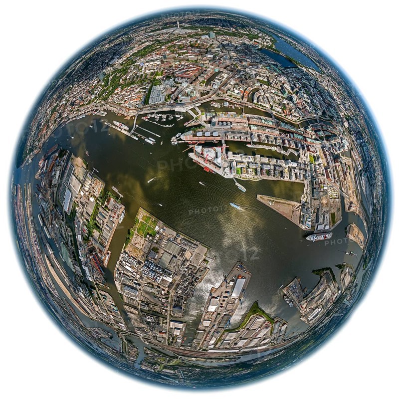 Hamburg harbour, fisheye lens, fisheye, round image, Hamburg, Germany, Europe, aerial view, birds-eyes view, aerial photography, aerial photography, overview, bird's eye view