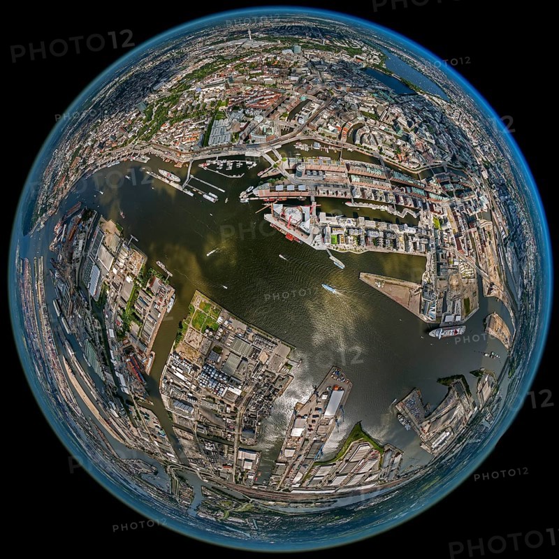 Hamburg harbour, fisheye lens, fisheye, round image, Hamburg, Germany, Europe, aerial view, birds-eyes view, aerial photography, aerial photography, overview, bird's eye view