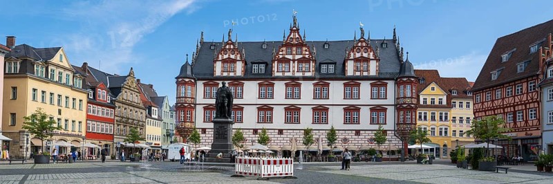 Town house on the market square, panoramic format, Coburg, Upper Franconia, Franconia, Bavaria, Germany