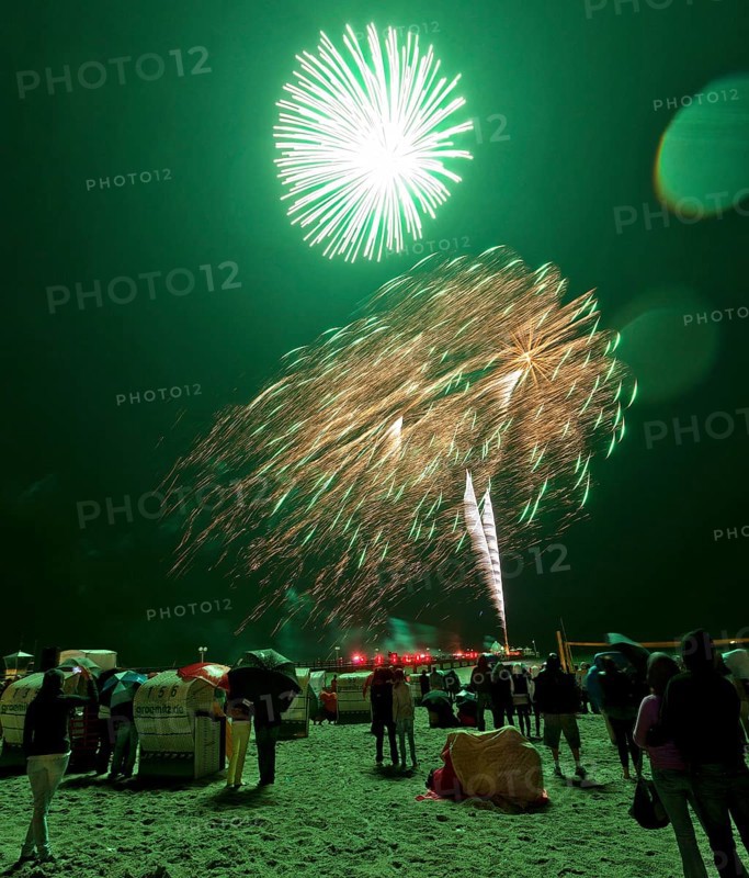Baltic Sea in flames at Grömitz pier, fireworks, highlight of the season, end of the season, beach, spectators, beach chairs at night, shower of sparks, Baltic Sea resort, tourist attraction, Grömitz, Baltic Sea, Schleswig-Holstein, Germany, Europe, aerial photo, birds-eyes view, aerial photography, aerial photography, overview, overview, bird's-eye view