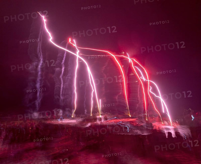 Baltic Sea in flames at Grömitz pier, fireworks, highlight of the season, end of the season, beach, spectators, beach chairs at night, shower of sparks, Baltic Sea resort, tourist attraction, Grömitz, Baltic Sea, Schleswig-Holstein, Germany, Europe, aerial photo, birds-eyes view, aerial photography, aerial photography, overview, overview, bird's-eye view