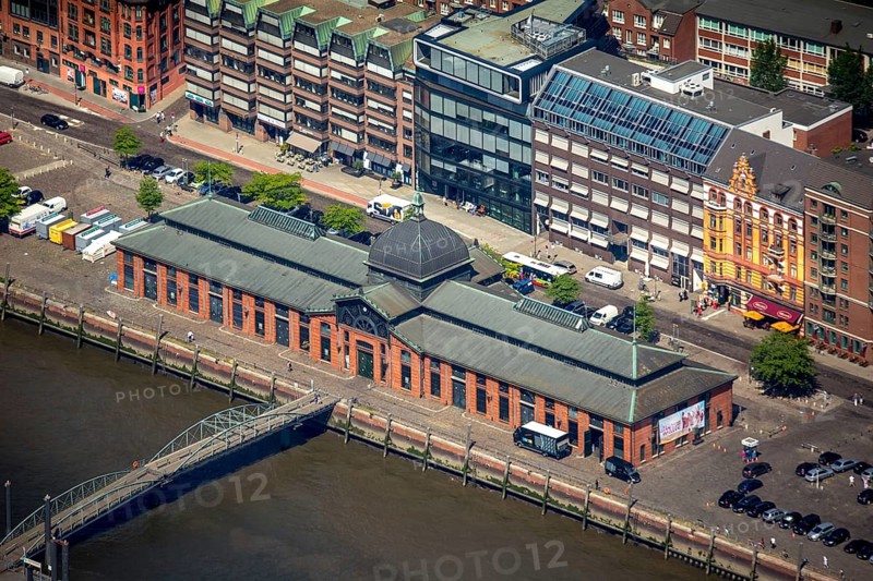 Historic fish auction hall, Hamburg harbour, Elbe, Hamburg, Free and Hanseatic City of Hamburg, Germany, Europe, aerial view, birds-eyes view, aerial photography, aerial photography, overview, bird's eye view