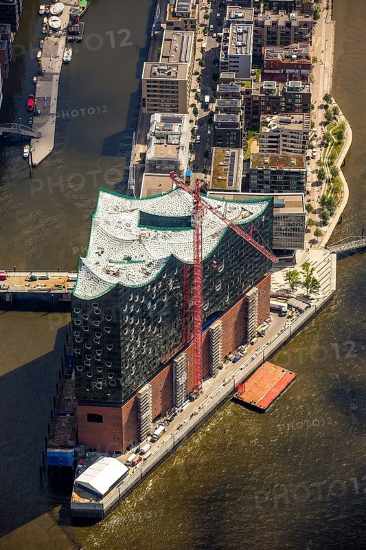 Roof construction of the Elbphilharmony, Elbphilharmonie with Hafencity, Speicherstadt, UNESCO World Heritage Site, Hamburg harbour, Elbe, Hamburg, Free and Hanseatic City of Hamburg, Germany, Europe, aerial view, birds-eyes view, aerial photography, aerial photography, overview, bird's eye view