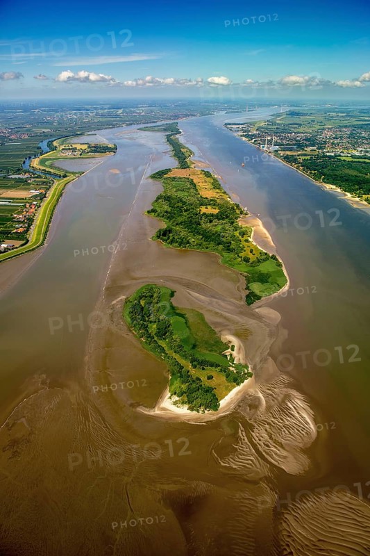 Elbe, tidal flats at low tide on an island in the Elbe near Wedel and Jork, Wedel, Lower Saxony, Germany, Hamburg, Free and Hanseatic City of Hamburg, Europe, aerial photograph, birds-eyes view, aerial photography, aerial photography, overview, bird's eye view