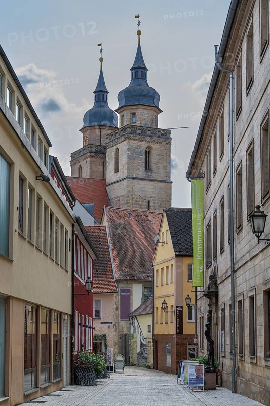 Alley in the old town, church towers, Holy Trinity, city church, Bayreuth, Upper Franconia, Franconia, Bavaria, Germany