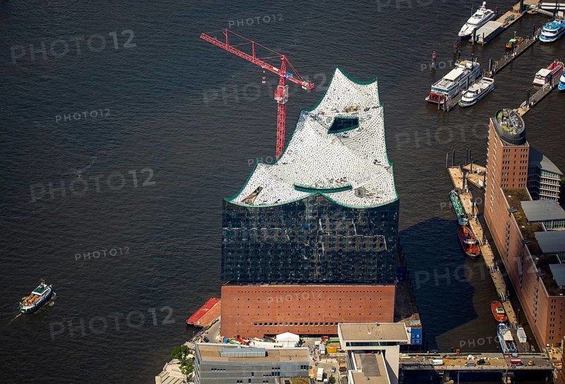 Roof construction of the Elbphilharmony, concert hall in the HafenCity in Hamburg, Elbphilharmonie with Hafencity, Speicherstadt, UNESCO World Heritage Site, Hamburg harbour, Elbe, Hamburg, Free and Hanseatic City of Hamburg, Germany, Europe, aerial view, birds-eyes view, aerial photography, aerial photography, overview, bird's eye view