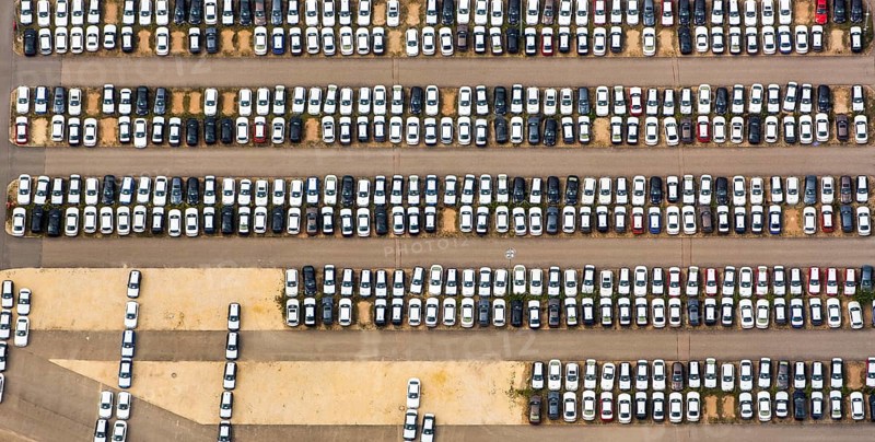 New car car park, BMW new car, BMW plant regensburg, automotive plant, car factory, Bayrische Motorenwerke Fabrik Regensburg, Neutraubling, independent town in Eastern Bavaria, Bavaria, Germany, Europe, aerial view, birds-eyes view, aerial photography, aerial photography, aerial photography, overview, bird's eye view