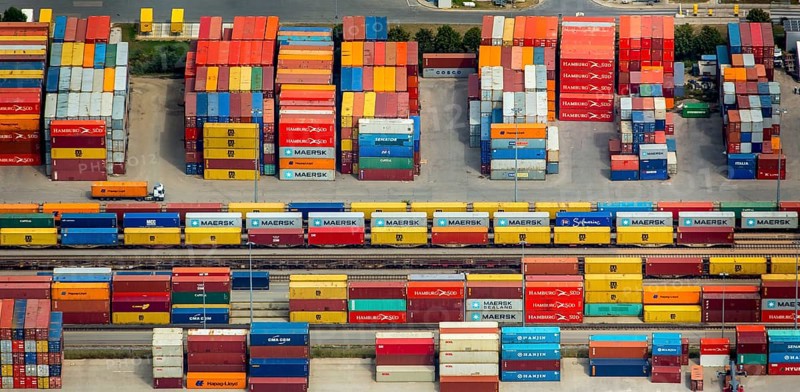 Container terminal Regensburg, transhipment station Regensburg, container gantry cranes, logistics, transport, Regensburg, independent city in Eastern Bavaria, Bavaria, Germany, Europe, aerial view, birds-eyes view, aerial photography, aerial photography, aerial photography, overview, bird's eye view