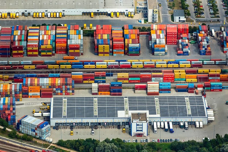 Container terminal Regensburg, transhipment station Regensburg, container gantry cranes, logistics, transport, Regensburg, independent city in Eastern Bavaria, Bavaria, Germany, Europe, aerial view, birds-eyes view, aerial photography, aerial photography, aerial photography, overview, bird's eye view