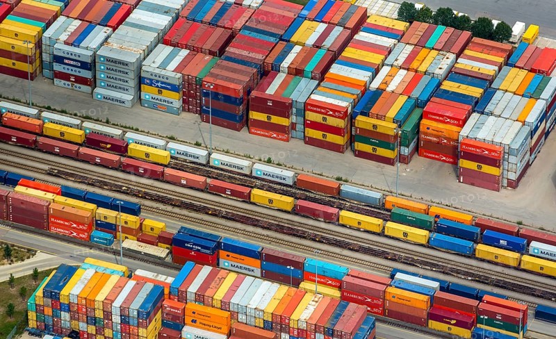 Container terminal Regensburg, transhipment station Regensburg, container gantry cranes, logistics, transport, Regensburg, independent city in Eastern Bavaria, Bavaria, Germany, Europe, aerial view, birds-eyes view, aerial photography, aerial photography, aerial photography, overview, bird's eye view