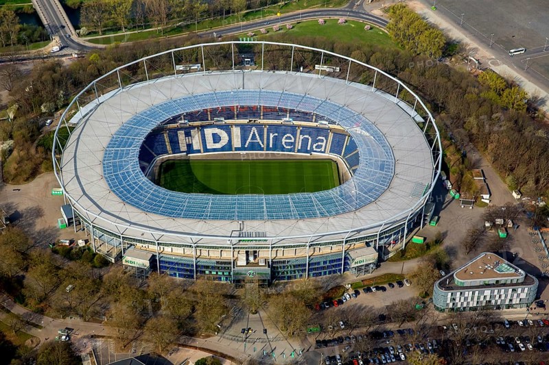 HDI Arena, HDI-Arena, Sportpark Hannover in der Calenberger Neustadt, Niedersachsenstadion, Hannover 96, Bundesliga stadium, Hannover, Lower Saxony, Germany, DE, Europe, aerial view, birds-eyes view, aerial photography, aerial photography, overview, bird's eye view