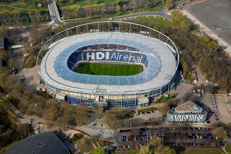 HDI Arena, HDI-Arena, Sportpark Hannover in der Calenberger Neustadt, Niedersachsenstadion, Hannover 96, Bundesliga stadium, Hannover, Lower Saxony, Germany, DE, Europe, aerial view, birds-eyes view, aerial photography, aerial photography, overview, bird's eye view
