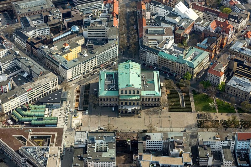 Hanover State Opera, Opera Square, CSD Hanover, Theatre Street, Hanover, State Capital, Lower Saxony, Germany, DE, Europe, aerial view, birds-eyes view, aerial photography, aerial photography, overview, bird's eye view