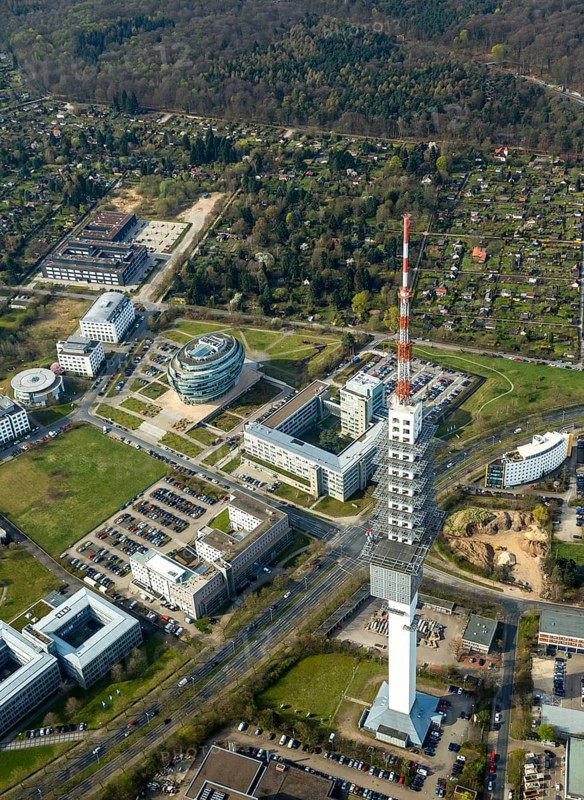 Office tower Heise headquarters in Hanover in spherical shape, Heise Medien GmbH & Co KG, Heise Media Service GmbH & Co. KG, special architecture, Telemax, telecommunication tower in Hanover, radio transmission centre Hanover 9, Hanover, state capital, Lower Saxony, Germany, DE, Europe, aerial photo, birds-eyes view, aerial photography, aerial photography, overview, bird's eye view