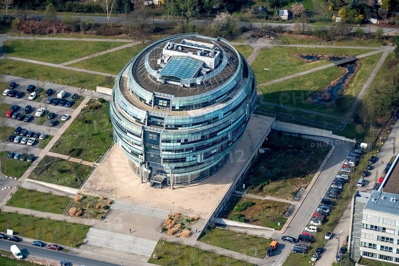 Office tower Heise headquarters in Hanover in spherical shape, Heise Medien GmbH & Co KG, Heise Media Service GmbH & Co. KG, special architecture, Hanover, state capital, Lower Saxony, Germany, DE, Europe, aerial view, birds-eyes view, aerial photography, aerial photography, overview, bird's-eye view