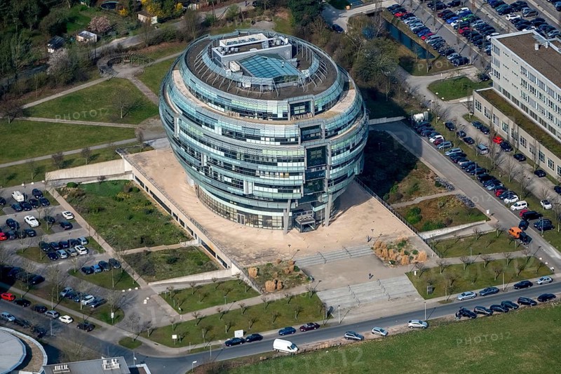 Office tower Heise headquarters in Hanover in spherical shape, Heise Medien GmbH & Co KG, Heise Media Service GmbH & Co. KG, special architecture, Hanover, state capital, Lower Saxony, Germany, DE, Europe, aerial view, birds-eyes view, aerial photography, aerial photography, overview, bird's-eye view