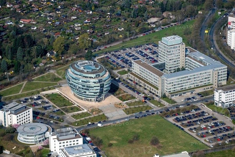 Office tower Heise headquarters in Hanover in spherical shape, Heise Medien GmbH & Co KG, Heise Media Service GmbH & Co. KG, special architecture, Hanover, state capital, Lower Saxony, Germany, DE, Europe, aerial view, birds-eyes view, aerial photography, aerial photography, overview, bird's-eye view