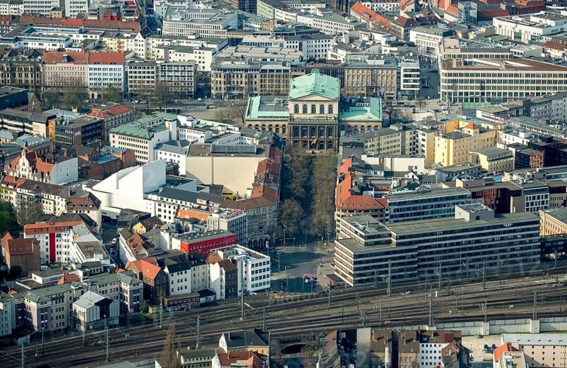 Hanover State Opera, Opera Square, CSD Hanover, Theatre Street, Hanover, State Capital, Lower Saxony, Germany, DE, Europe, aerial view, birds-eyes view, aerial photography, aerial photography, overview, bird's eye view