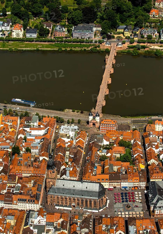 Heiliggeistkirche in Heidelberg Old Town with Old Bridge and Tor tor of the Old Bridge, Neckar, Heidelberg, Rhein-Neckar-Kreis, Baden-Württemberg, Germany, Europe, aerial view, birds-eyes view, aerial photography, aerial photography, overview, bird's eye view