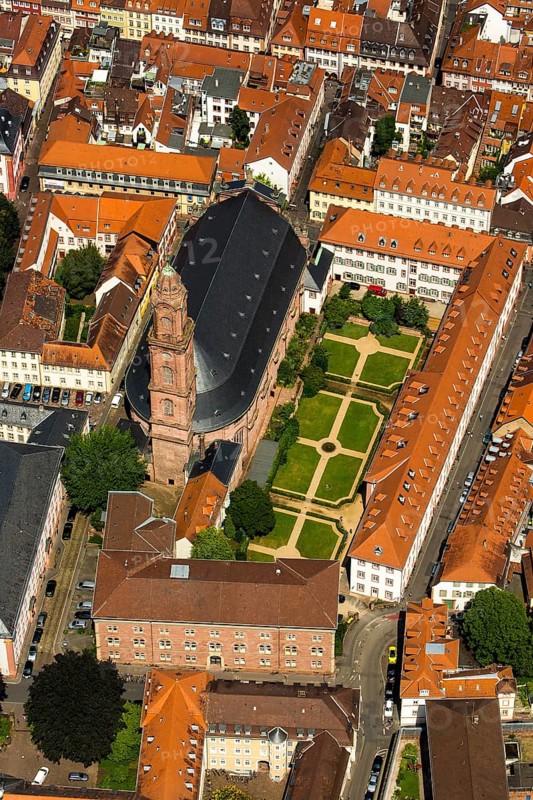 Jesuit Church, Parish Church of the Saint Spirit and St Ignatius, next to the University Square, Heidelberg, Rhine-Neckar District, Baden-Württemberg, Germany, Europe, aerial view, birds-eyes view, aerial photograph, aerial photography, aerial photography, overview, bird's eye view