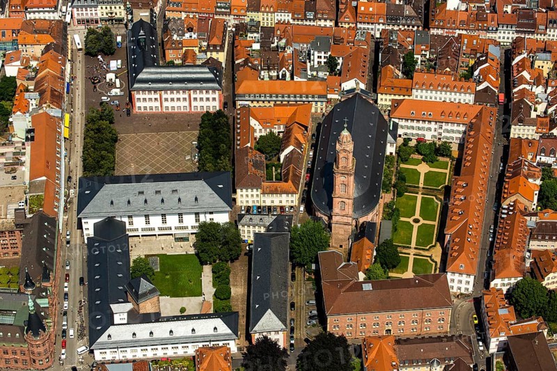 Jesuit Church, Parish Church of the Saint Spirit and St Ignatius, next to the University Square, Heidelberg, Rhine-Neckar District, Baden-Württemberg, Germany, Europe, aerial view, birds-eyes view, aerial photograph, aerial photography, aerial photography, overview, bird's eye view