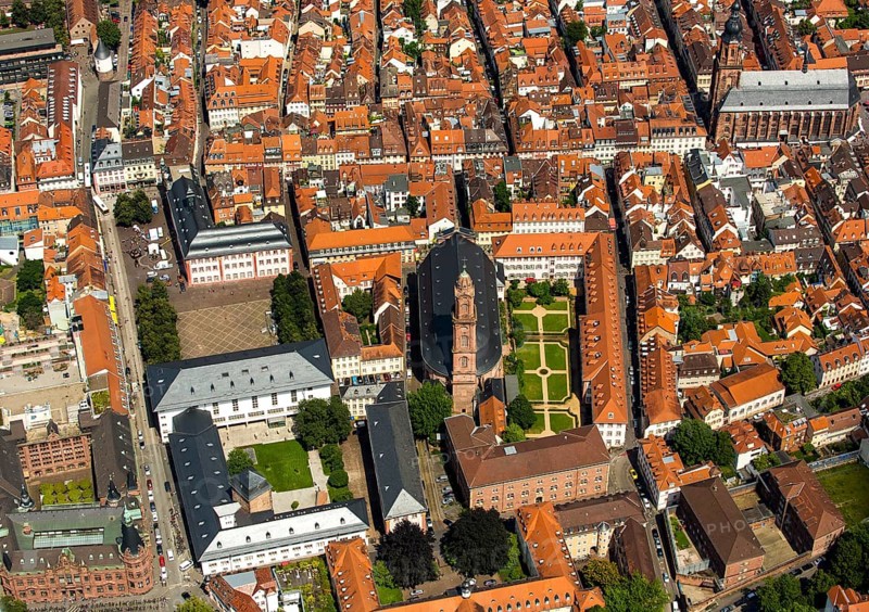 Jesuit Church, Parish Church of the Saint Spirit and St Ignatius, next to the University Square, Heidelberg, Rhine-Neckar District, Baden-Württemberg, Germany, Europe, aerial view, birds-eyes view, aerial photograph, aerial photography, aerial photography, overview, bird's eye view