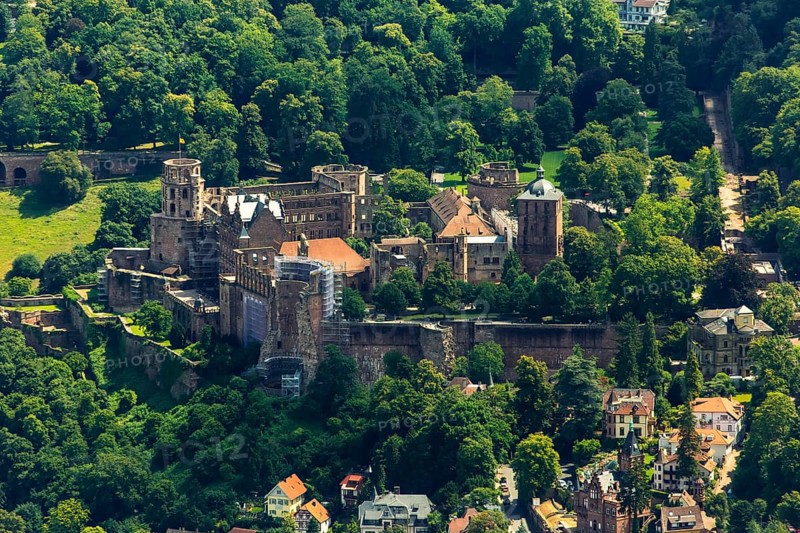 Heidelberg Castle, Heidelberg Castle, Heidelberg Castle Ruins, Heidelberg, Rhein-Neckar-Kreis, Baden-Württemberg, Germany, Europe, aerial view, birds-eyes view, aerial photography, aerial photography, overview, overview, bird's eye view