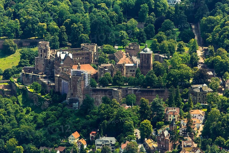 Heidelberg Castle, Heidelberg Castle, Heidelberg Castle Ruins, Heidelberg, Rhein-Neckar-Kreis, Baden-Württemberg, Germany, Europe, aerial view, birds-eyes view, aerial photography, aerial photography, overview, overview, bird's eye view
