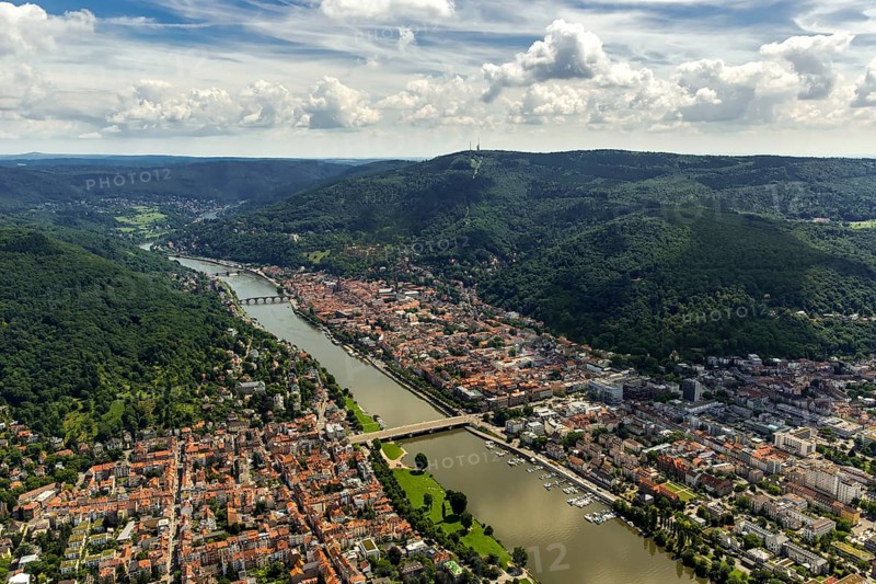 Overview of Heidelberg, Heiliggeistkirche in Heidelberg Old Town with Old Bridge and Tor tor of the Old Bridge, Neckar, Heidelberg, Rhein-Neckar-Kreis, Baden-Württemberg, Germany, Europe, aerial view, birds-eyes view, aerial photograph, aerial photography, aerial photography, overview, bird's eye view