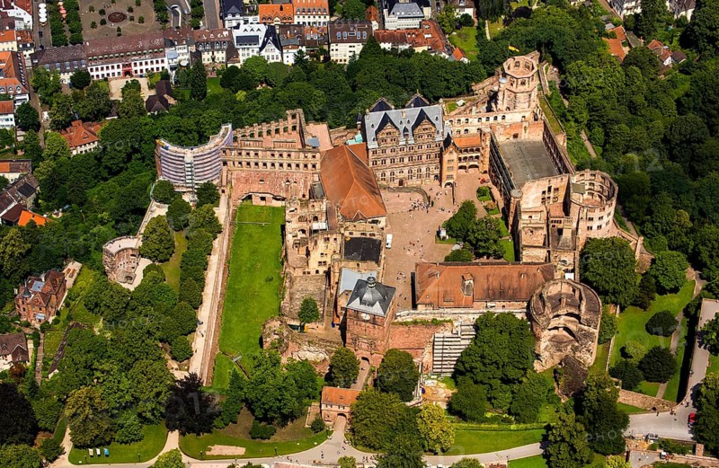 Heidelberg Castle, Heidelberg Castle, Heidelberg Castle Ruins, Heidelberg, Rhein-Neckar-Kreis, Baden-Württemberg, Germany, Europe, aerial view, birds-eyes view, aerial photography, aerial photography, overview, overview, bird's eye view
