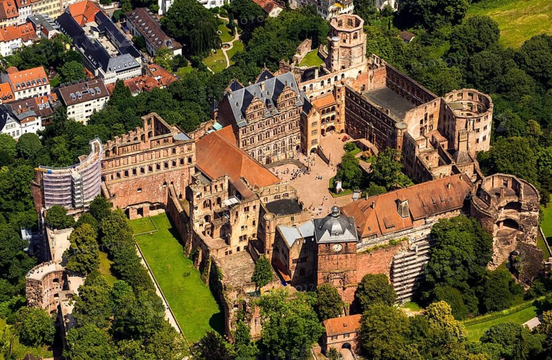 Heidelberg Castle, Heidelberg Castle, Heidelberg Castle Ruins, Heidelberg, Rhein-Neckar-Kreis, Baden-Württemberg, Germany, Europe, aerial view, birds-eyes view, aerial photography, aerial photography, overview, overview, bird's eye view