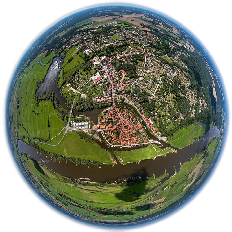 Old town, Elbe, Jeetzel, fisheye lens, round picture, Hitzacker (Elbe), district Lüchow-Dannenberg, Elbtalaue, Elbe valley, Lower Saxony, Germany, Europe, aerial view, birds-eyes view, aerial photography, aerial photography, overview, bird's eye view