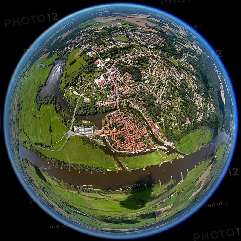 Old town, Elbe, Jeetzel, fisheye lens, round picture, Hitzacker (Elbe), district Lüchow-Dannenberg, Elbtalaue, Elbe valley, Lower Saxony, Germany, Europe, aerial view, birds-eyes view, aerial photography, aerial photography, overview, bird's eye view