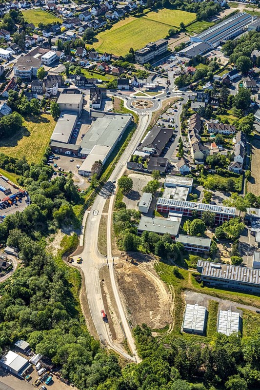 Aerial view, Niedersprockhövel, bypass road L70n between Hauptstraße and Wuppertaler Straße, construction site and new roundabout, Sprockhövel, Ruhr area, North Rhine-Westphalia, Germany, construction area, construction site, building plots, construction project, construction project, construction site, DE, Ennepe-Ruhr-Kreis, Europe, roundabout, aerial view, aerial photography, aerial photography, new construction, road traffic, overview, traffic volume, bird's-eye view, bird's-eye view construction work, birds-eyes view, overview