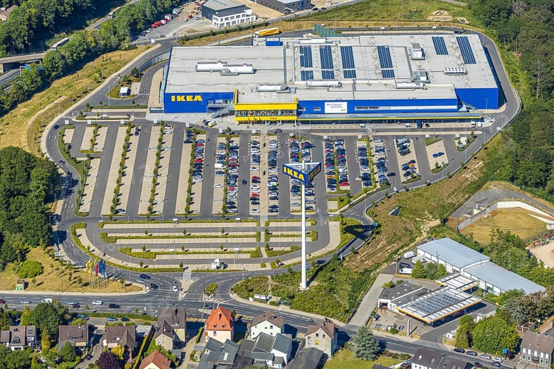 Aerial view, IKEA store Wuppertal, Nächstebreck, Wuppertal, Ruhr area, North Rhine-Westphalia, Germany, DE, shopping, shopping centre, shopping mall, Ennepe-Ruhr-Kreis, Europe, aerial view, aerial photography, aerial photography, furniture shop, furniture store, parking, Schmiedestraße, overview, bird's-eye view, overview