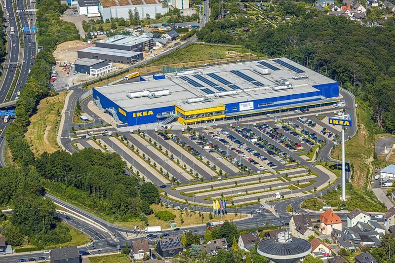 Aerial view, IKEA store Wuppertal, Nächstebreck, Wuppertal, Ruhr area, North Rhine-Westphalia, Germany, DE, shopping, shopping centre, shopping mall, Ennepe-Ruhr-Kreis, Europe, aerial view, aerial photography, aerial photography, furniture shop, furniture store, parking, Schmiedestraße, overview, bird's-eye view, overview