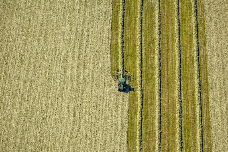 Aerial view, agricultural area, tractor mowing meadow, Gennebreck, Sprockhövel, Ruhr area, North Rhine-Westphalia, Germany, DE, Ennepe-Ruhr-Kreis, Europe, agriculture, agricultural fields, agricultural business, farm, aerial view, aerial photography, aerial photography, tractor, overview, bird's eye view, meadows and fields, birds-eyes view, overview
