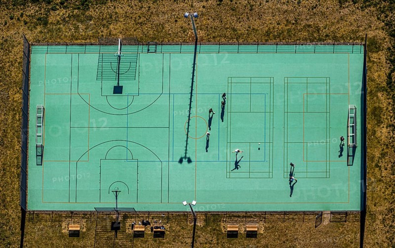 Aerial view, football pitch at IG Metall training centre, Sprockhövel, Ruhr area, North Rhine-Westphalia, Germany, training centre, DE, Ennepe-Ruhr district, Europe, football pitch, IG Metall trade union, conference centre, aerial view, aerial photography, aerial photography, shadow casting, sport, sports facility, overview, bird's-eye view, overview
