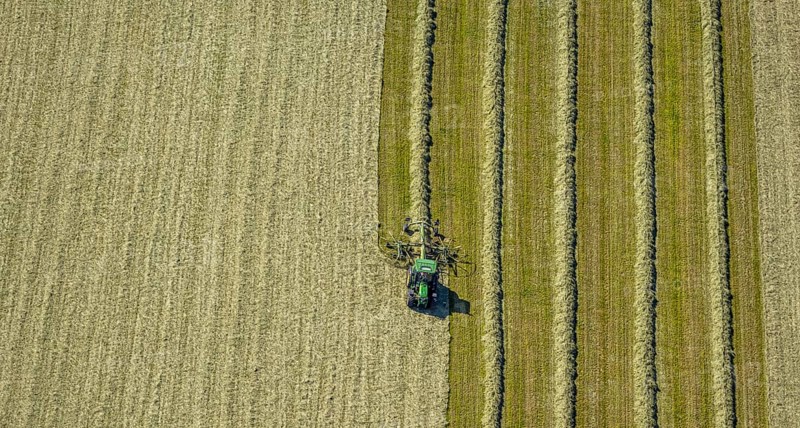 Aerial view, agricultural area, tractor mowing meadow, Gennebreck, Sprockhövel, Ruhr area, North Rhine-Westphalia, Germany, DE, Ennepe-Ruhr-Kreis, Europe, agriculture, agricultural fields, agricultural business, farm, aerial view, aerial photography, aerial photography, tractor, overview, bird's eye view, meadows and fields, birds-eyes view, overview