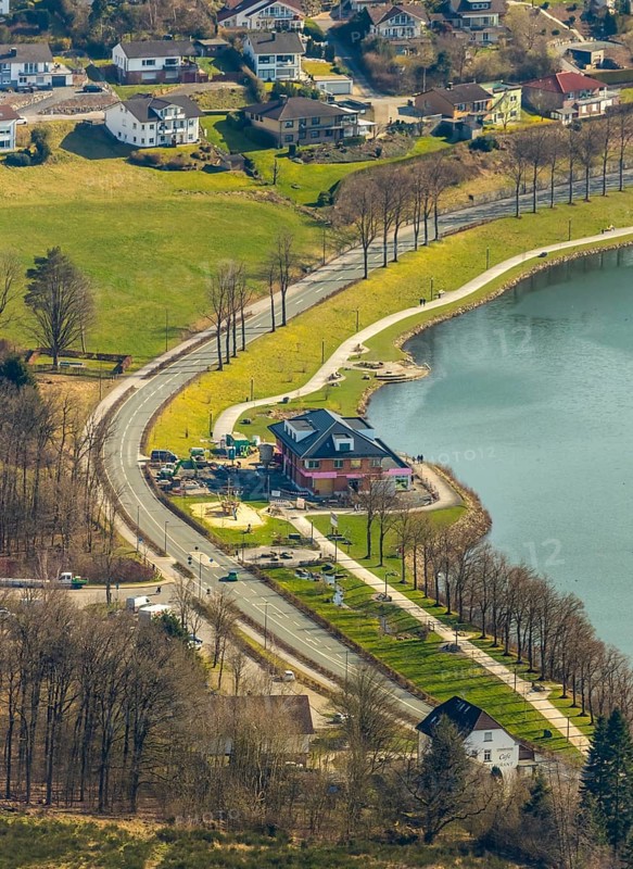 Aerial view, new building Airstop Strandcafé gastronomy café/restaurant/bistro/bar operation, Sorpesee dam, Amecke, Sundern, Sauerland, North Rhine-Westphalia, Germany, DE, Europe, aerial view, aerial photography, aerial photography, overview, bird's eye view, birds-eyes, view, overview, drinking water, water supply, leisure, recreation, nature, water, swimming, boats, shipping, ships, recreation, holidays, waters, reservoir, restaurant, pub, eating, drinking, dining, restaurant, inn