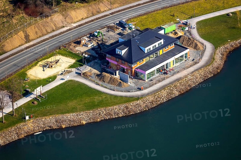 Aerial view, new building Airstop Strandcafé gastronomy café/restaurant/bistro/bar operation, Sorpesee dam, Amecke, Sundern, Sauerland, North Rhine-Westphalia, Germany, DE, Europe, aerial view, aerial photography, aerial photography, overview, bird's eye view, birds-eyes, view, overview, drinking water, water supply, leisure, recreation, nature, water, swimming, boats, shipping, ships, recreation, holidays, waters, reservoir, restaurant, pub, eating, drinking, dining, restaurant, inn