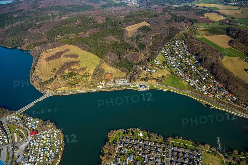 Aerial view, Camping site Am Damm, Sorpesee dam, Amecke, Sundern, Sauerland, North Rhine-Westphalia, Germany, DE, Europe, aerial view, aerial photography, aerial photography, overview, bird's-eye view, birds-eyes, view, overview, overnight stay, camping, leisure, recreation, holidays, holiday, motorhome site, drinking water, water supply, local recreation, nature, reservoir, dam, water, swimming, boats, shipping, ships