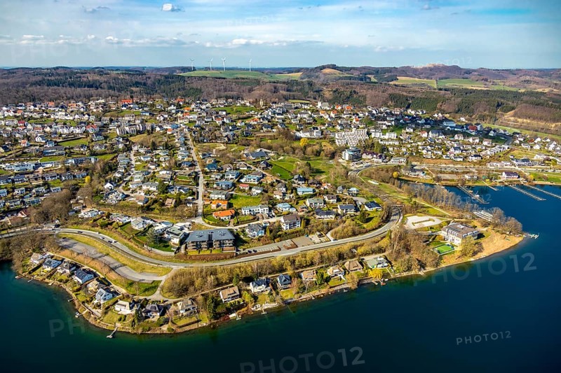 Aerial view, overview Langscheid, Sorpesee, Sorpe shore, Langscheid, Sundern, Sauerland, North Rhine-Westphalia, Germany, DE, Europe, aerial view, aerial photography, aerial photography, overview, bird's-eye view, birds-eyes, view, overview, drinking water, water supply, leisure, recreation, nature, reservoir, dam