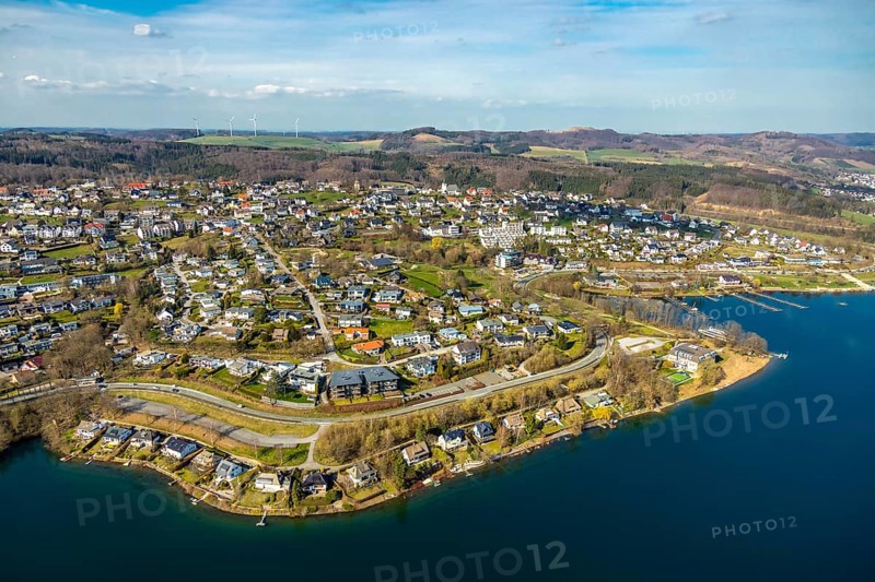 Aerial view, overview Langscheid, Sorpesee, Sorpe shore, Langscheid, Sundern, Sauerland, North Rhine-Westphalia, Germany, DE, Europe, aerial view, aerial photography, aerial photography, overview, bird's-eye view, birds-eyes, view, overview, drinking water, water supply, leisure, recreation, nature, reservoir, dam